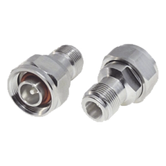 Adaptador en Línea, de N Hembra a (Mini) DIN 4.1-9.5 Macho, PIM -155 dBc, Bronce Blanco/ Plata/ Teflón.