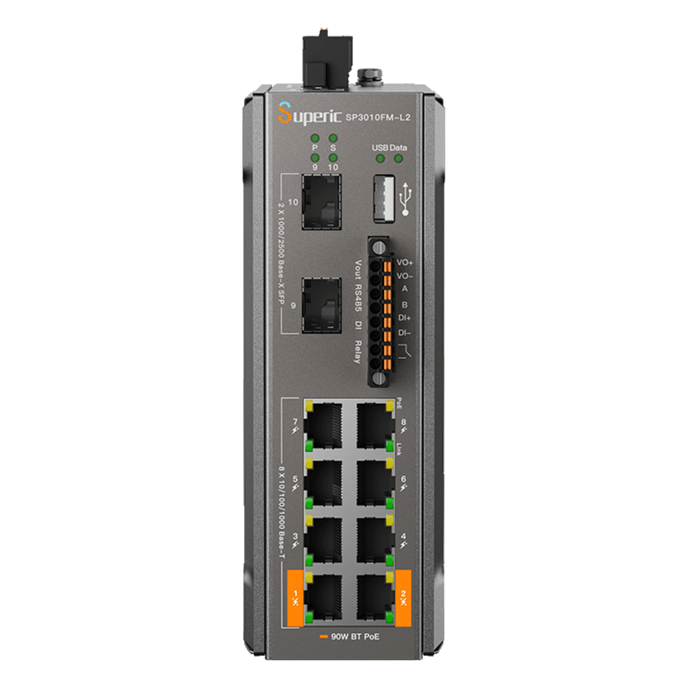 Switch de Red SP3010FM-L2 (V3) / 8 Puertos 10/100/1000Mbps PoE / 2 Puertos SFP 1000M/2.5Gbps / 240W PoE Budget / 26Gbps Capacidad de Conmutación / 19.3Mpps Tasa de Reenvío / DIN-Rail, Pared, Escritorio / -40℃~75℃ / CE, FCC, RoHS, UKCA, R