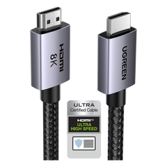 Cable HDMI 2.1 de 8K@60Hz | 2 Metros (6.56 Pies) | 48Gbps | HDR10+ | 3D Inversivo | eARC | Dolby ATMOS | VVR | QMS | QFT | ALLM | 3 Modos de Visualización | Certificado HDMI 8K | Niquelado | Nylon Trenzado | Carcasa de Aluminio