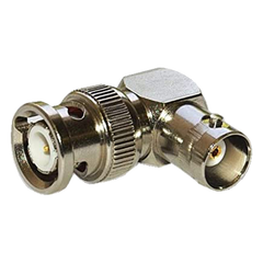Adaptador en Ángulo Recto, de Conector BNC Macho a BNC Hembra, 50 Ohm (Monitor), Níquel/ Plata/ Teflón.