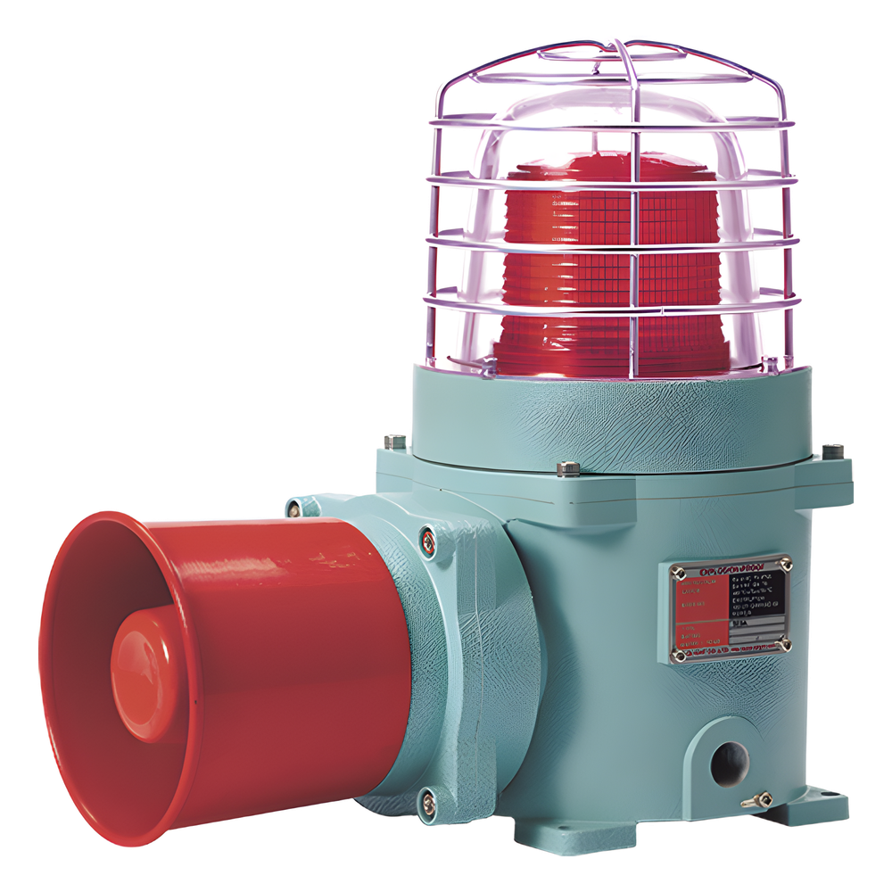 Combinación de baliza LED color Rojo con patrón fijo y flasheante con sirena electrónica, volumen máx. 120 dB para zonas peligrosas A 24 VCD