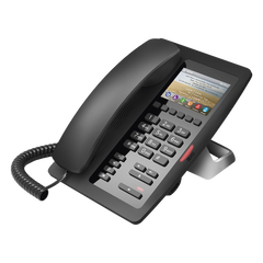Teléfono IP Hotelero / Pantalla LCD Color 3.5" / 2 Líneas SIP / 6 Teclas Programables Hotline / Puerto USB Carga / PoE 802.3af / Personalizable con Logo Hotel