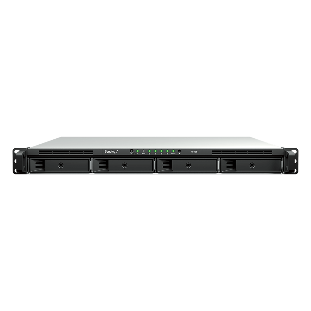 NAS Rackmount 4 Bahías / 1U 44 mm (1.73 in) / AMD Ryzen V1500B 4 Núcleos 2.2 GHz / 4GB DDR4 ECC SODIMM / 4x 1GbE RJ45 / PCIe 3.0 x8 / Escalable a 8 Bahías con RX426 / DSM / Storage Tiering