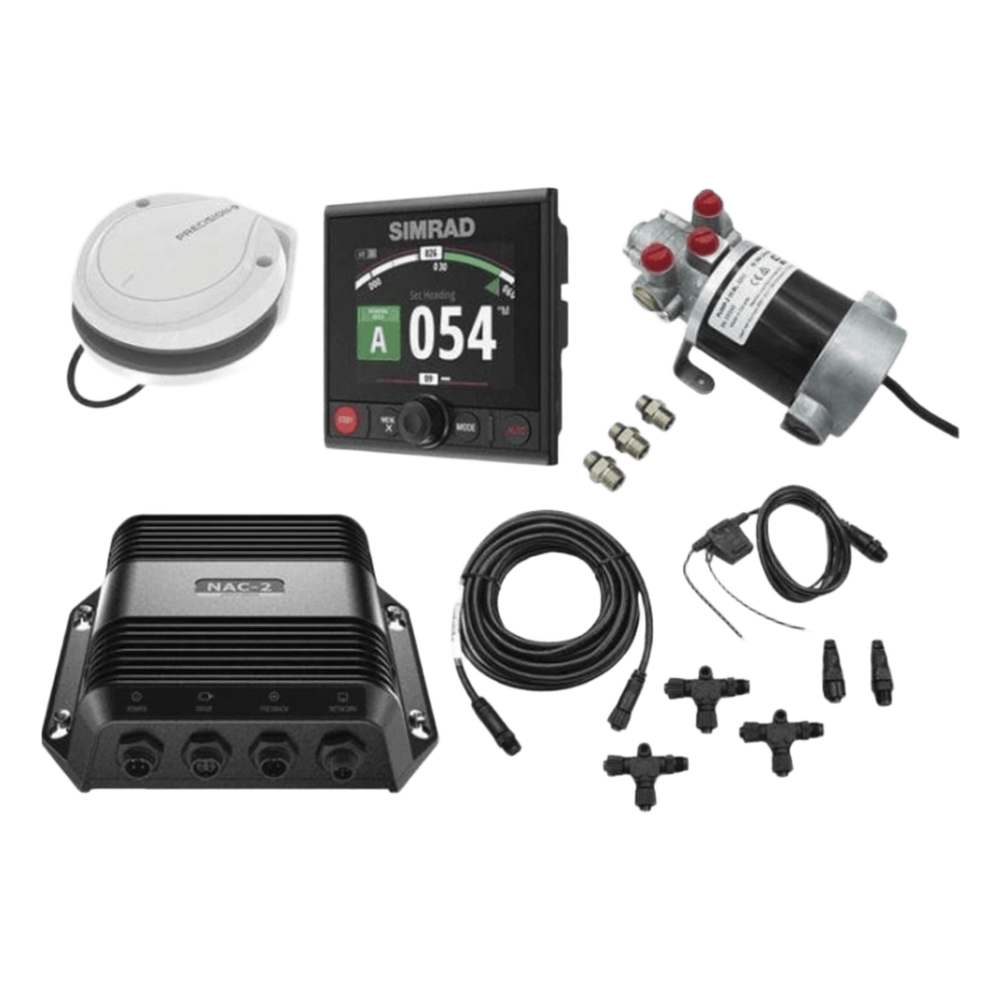 Piloto Automático Simrad para Embarcaciones Fueraborda y Dentrofueraborda / Paquete Completo / Controlador AP44 con Pantalla a Color 4.1 Pulgadas / Bomba Hidráulica RPU-80 / Brújula Precision-9 / Compatible con NMEA 2000® / Virtua