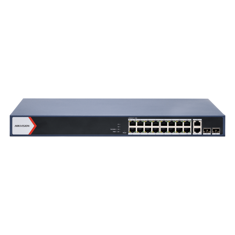 Switch Gigabit PoE+ / Monitoreable / 16 Puertos 1000 Mbps PoE+ / 2 Puerto 1000 Mbps de Uplink / 2 Puerto SFP /  Configuración Nube desde Hik-PartnerPro / Modo Extendido hasta 300 Metros / 125 Watts