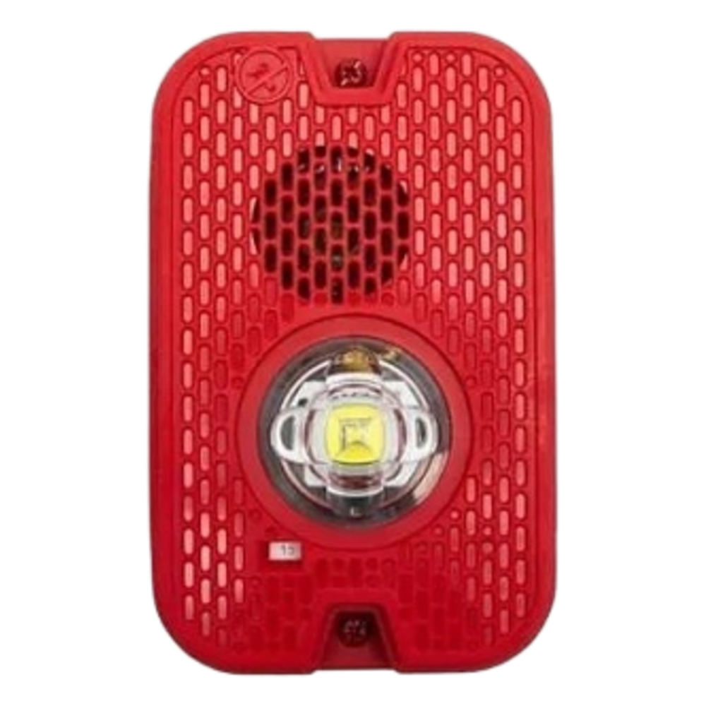 Sirena con Lámpara LED Estroboscópica / 2 Hilos / Montaje en Pared / 16 a 24 Vcd / Configuración Estroboscópica Seleccionable / Texto en Inglés / Color Rojo / Uso exterior