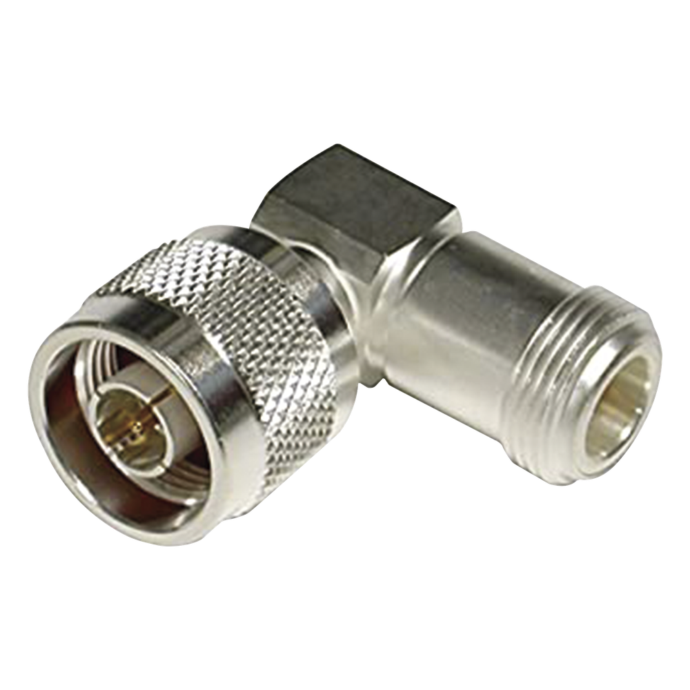 Adaptador en Ángulo Recto, de Conector N Macho a N Hembra, Plata/ Oro/ Teflón.