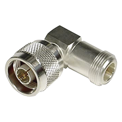 Adaptador en Ángulo Recto, de Conector N Macho a N Hembra, Plata/ Oro/ Teflón.