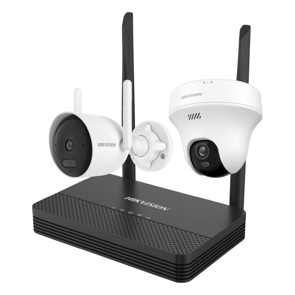 Kit IP Inalámbrico 2 Megapíxel / NVS 4 Canales / 1 Cámara Bala Exterior + 1 Cámara Turret Interior con Lente 2.8 mm y Dual Light / Audio Bidireccional (Micrófono y Bocina) / Soporta Micro SD de 512 GB