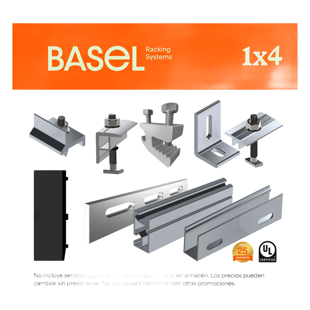 Kit Basel Sistema de Montaje Solar para 4 Módulos / Inclinación 10° / Para Módulo 645 W / Dimensiones del Módulo 2.382 m (7.8 ft) x 1.134 m (3.7 ft) / Velocidad de Viento 170 km/h /  Losa Plana Una Fila