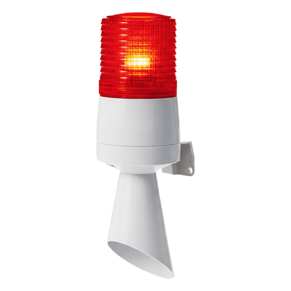 Luz LED con patrones de destello fijo y destellante con buzzer incorporado de alto volumen Máx. 95 dB color Rojo 110 VCA