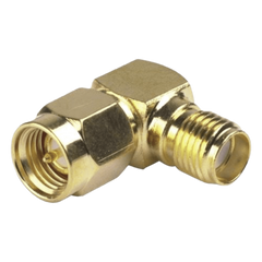 Adaptador en Ángulo Recto, de Conector SMA Macho a SMA Hembra, Oro/ Oro/ Teflón.