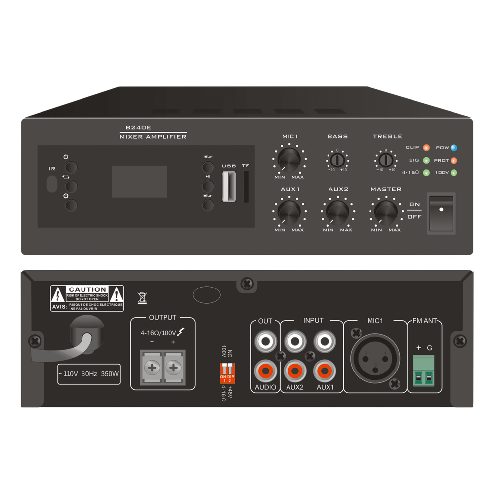 Amplificador Digital Mini MP3 con Bluetooth | 240W | Entrada XLR Micrófono 48V | 2 Entradas RCA | USB y TF Card | FM Radio | Control Remoto | Protección contra Cortocircuito y Sobrecarga | 100v / 4-16 Ohms
