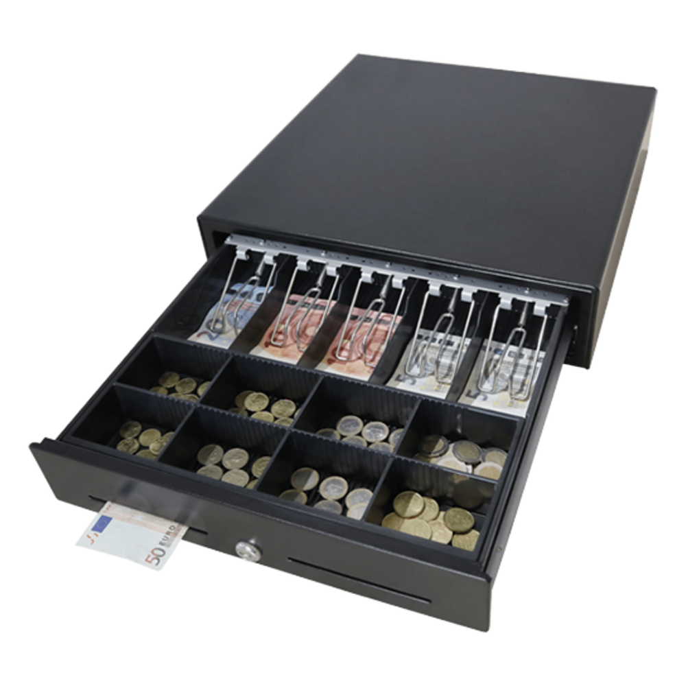 Cajón para Efectivo / Serie MK / Apertura Manual Push Open / Sin Electricidad / Insertos Ajustables Billetes y Monedas / Cubierta de Acero / 410 mm