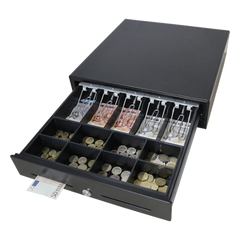 Cajón para Efectivo / Serie MK / Apertura Manual Push Open / Sin Electricidad / Insertos Ajustables Billetes y Monedas / Cubierta de Acero / 410 mm