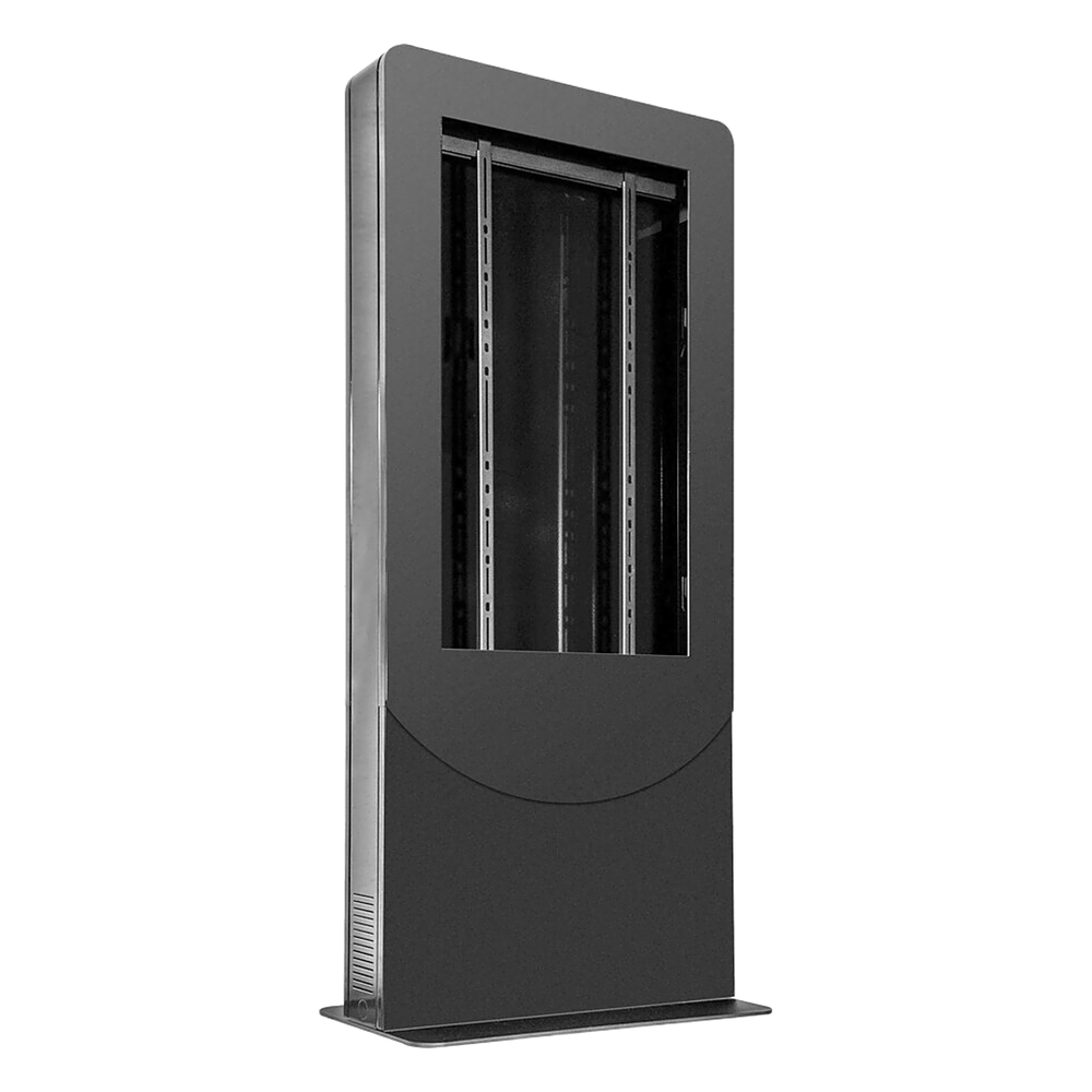Kiosko tipo Vertical color negro para Pantallas 55" / Construcción Totalmente en Acero / Base Plana / 6 Tomas Eléctricas con Supresor de Picos / Ventilación Termostática / Capacidad de Carga 125-150 lb (56-68 kg)