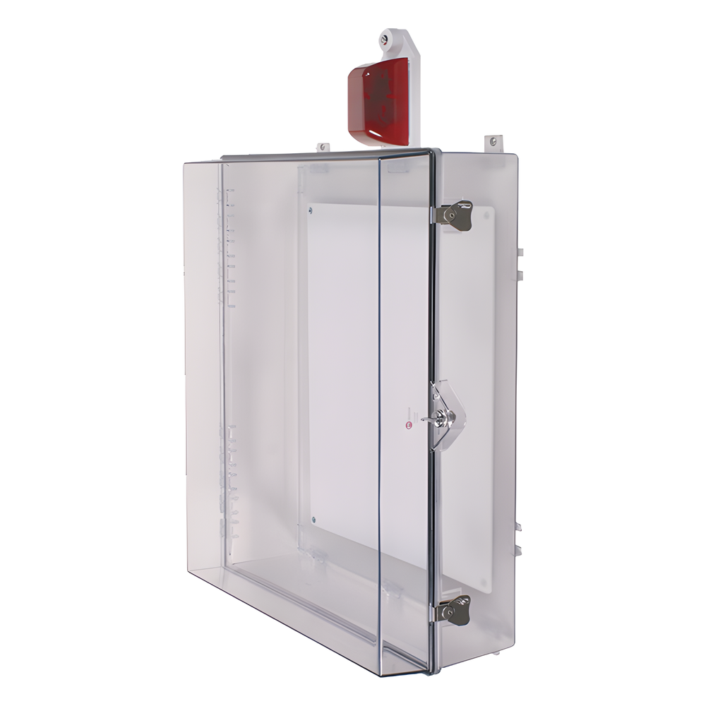 Gabinete Grande de Policarbonato Transparente Súper Resistente con Sirena/Estrobo y Cerradura con Llave