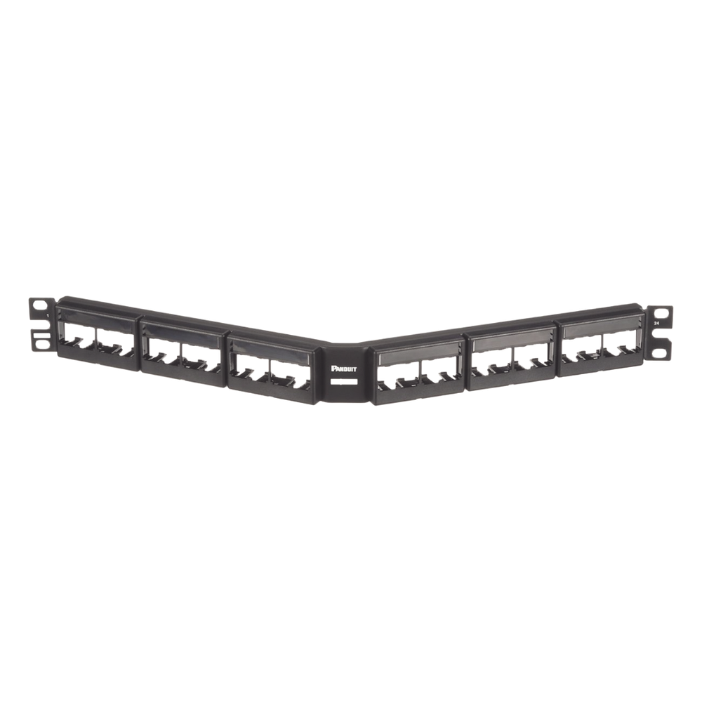 Panel de Parcheo Modular Mini-Com (Sin Conectores), Angulado, Sin Blindaje, Con Etiqueta y Cubierta, de 24 Puertos, 1UR