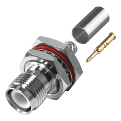 Conector TNC Hembra Inverso de Montaje Trasero en Panel, D-Plano, Hermético de Anillo Plegable para RG-142/U, Níquel/ Oro/ Teflón.