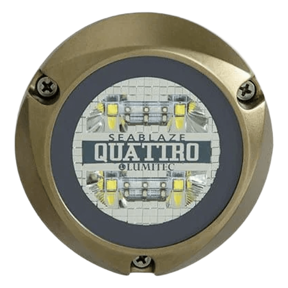 Luz led marina sumergible SeaBlaze Quattro, emite luz multicolor de 2000 lúmenes, fabricada en bronce naval con grado de protección IP68.