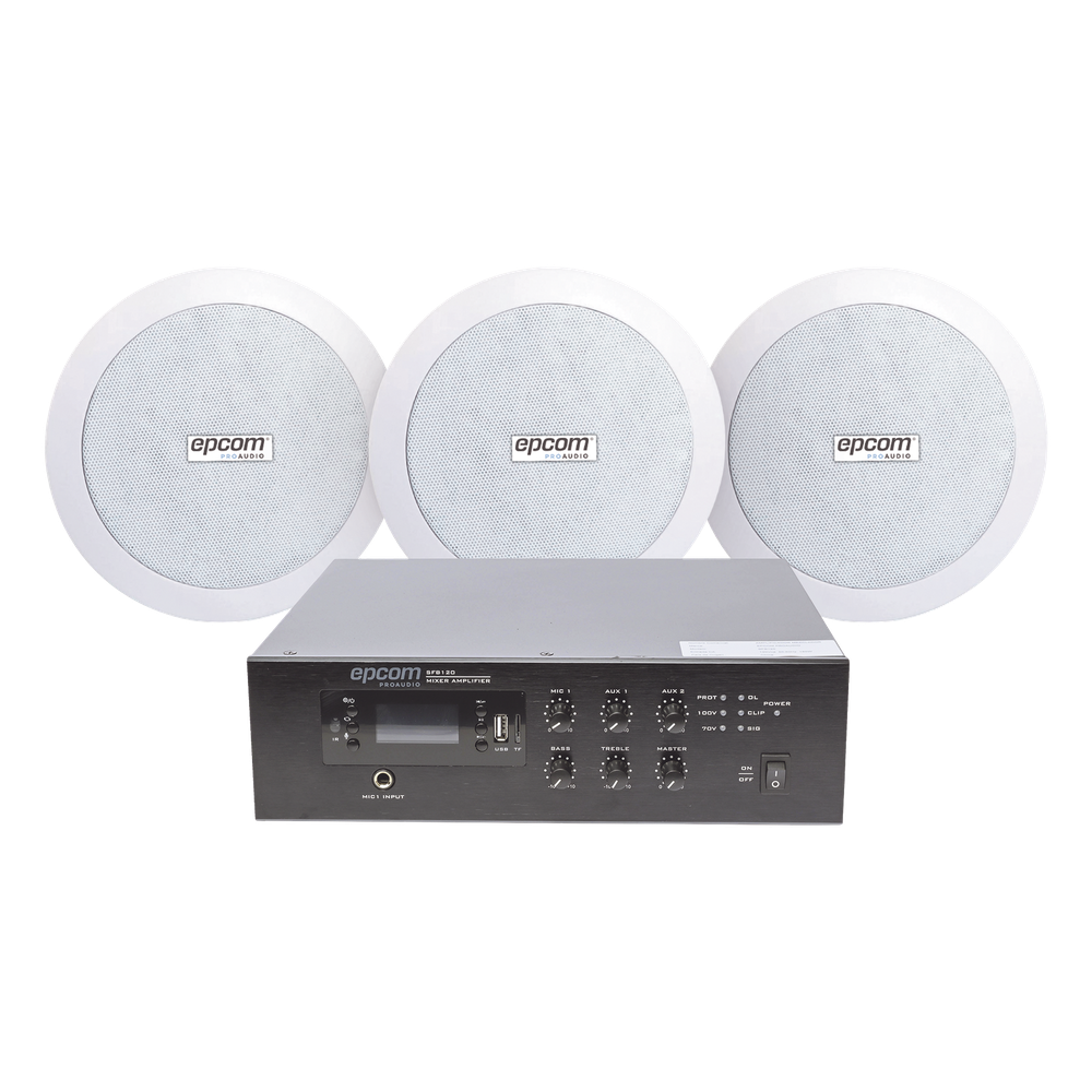 KIT de Amplificador de 120W para Escritorio | 3 Altavoces de Plafón de 5.5in | 3.75 - 30W | Sistema 70/100V