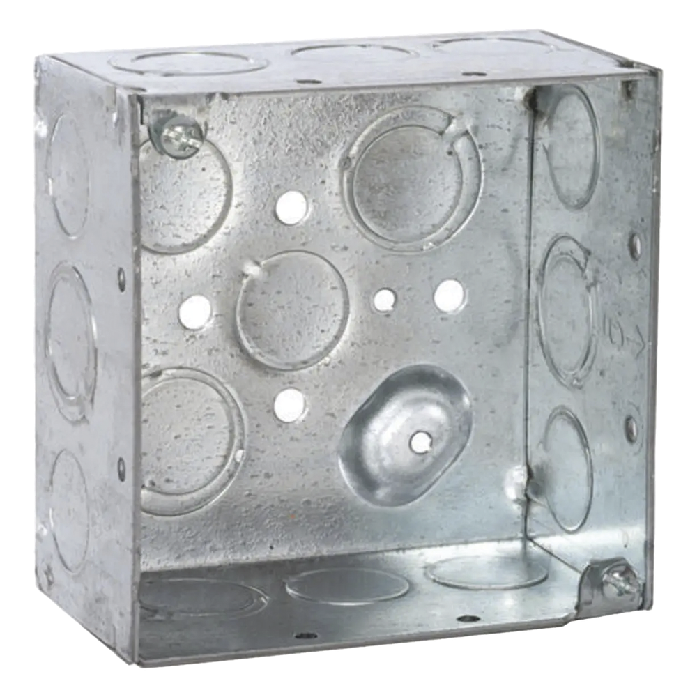 Caja Cuadrada Galvanizada  de 4" x 4", profundidad de 2 1/8". Cuenta con 10 KO de 1/2" y 6 TKO (1/2" - 3/4"))