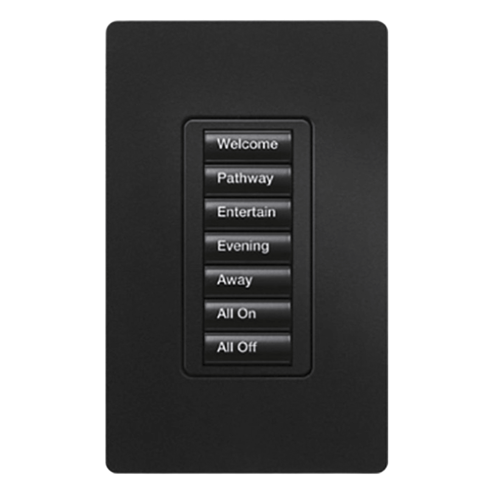 Teclado de pared seeTouch de 7 botones retroiluminados para control de escenas de luces y cortinas en sistema RadioRA 2, color Midnight satinado