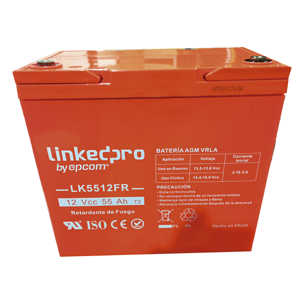 Batería de respaldo  12 V | 55 Ah | AGM | Certificada UL94-V0 Retardante a la Flama | Especial para Seguridad Electrónica | UPS  | Sistemas de emergencia | Vida útil 5 años | Terminales T2