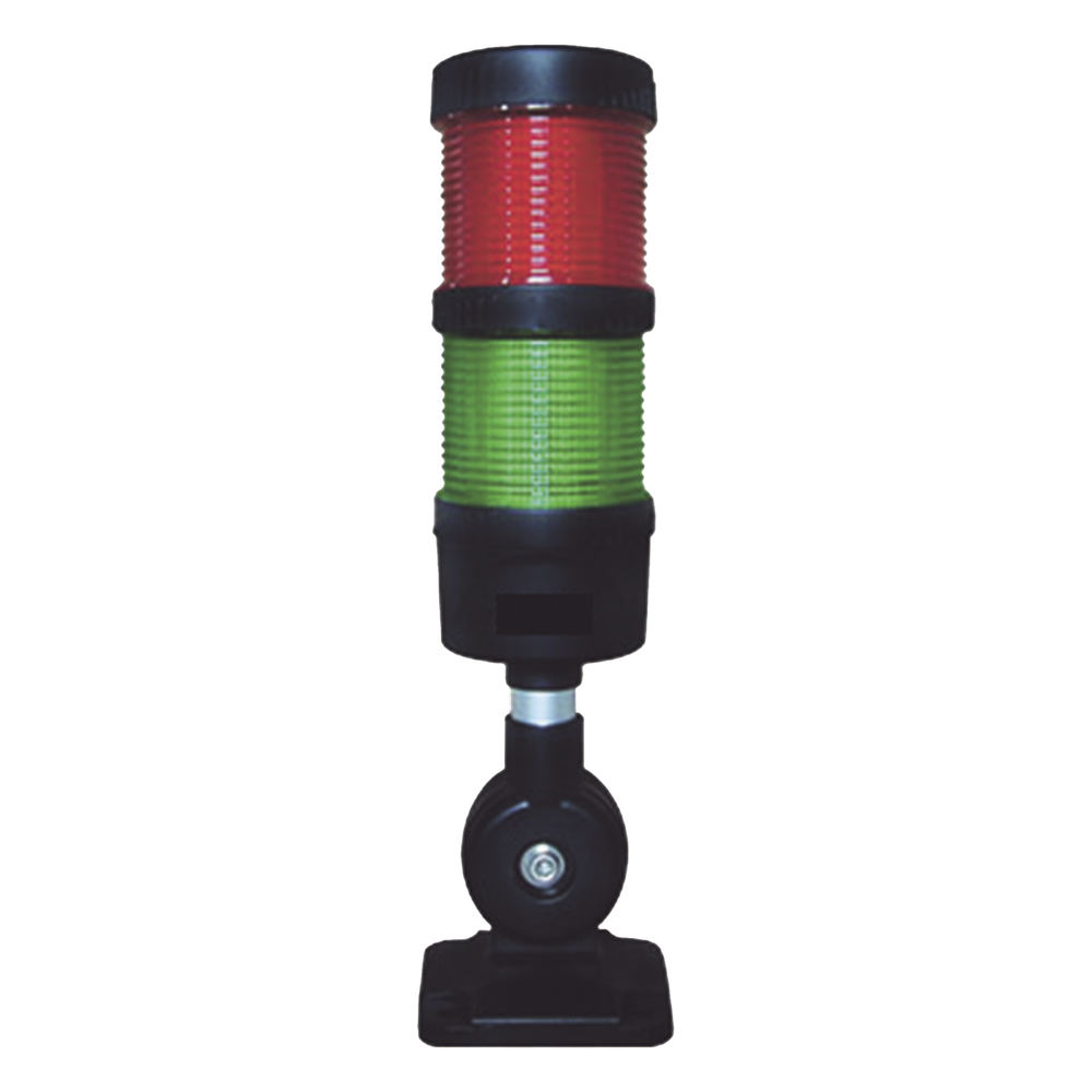 Torre LED Indicadora de estado de 2 niveles color Rojo y Verde, con Buzzer integrado a 85 dB,  a 24 VCD con Montaje incluido de 60 mm de diámetro