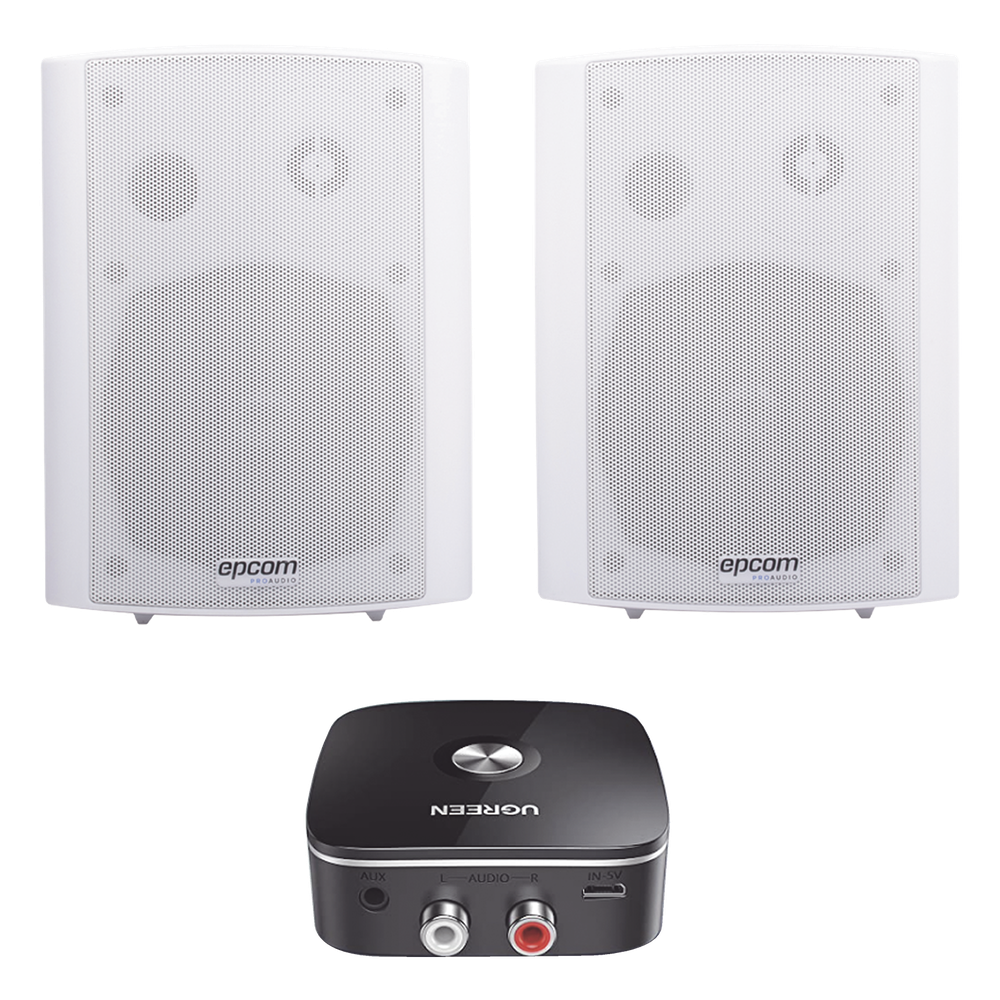 Kit  Altavoces + Modulo Receptor BT | Montaje en Pared | 2x20W RMS | Material ABS y Reja Metálica | Bracket de Metal | Color Blanco