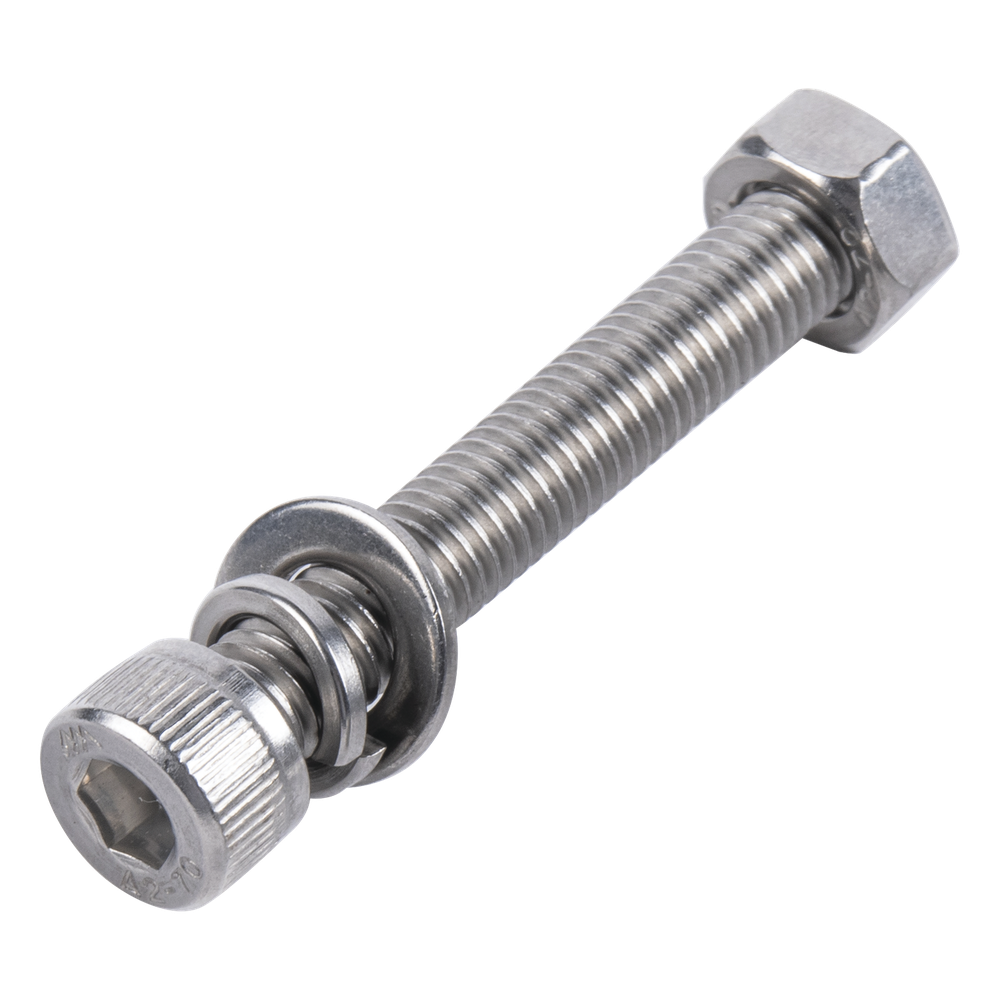 1 Tornillo Allen Milimétrico de Acero Inoxidable  M8-1.25 x 55/ Con 1 Tuerca, 1 Arandela de Presión y 1 Plana / Para Montajes de Módulos Foto Voltaicos .