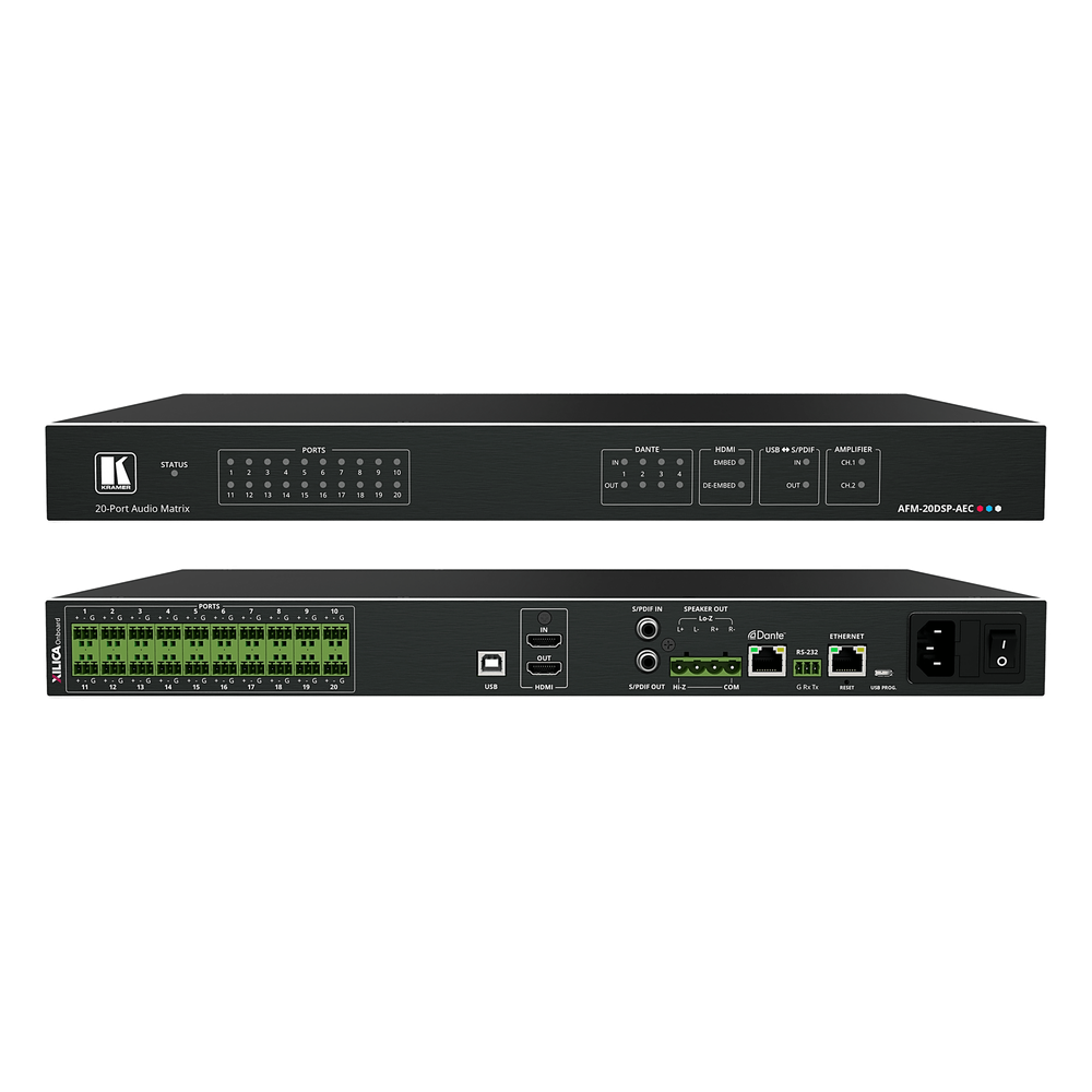 Matriz de Audio Digital | 20 Puertos Analógicos Configurables | DSP Multicanal | AEC | Amplificador 2x60W + 1x120W | Dante 4x4 | HDMI 4K60 | USB Plug & Play | Montaje Rack 1U