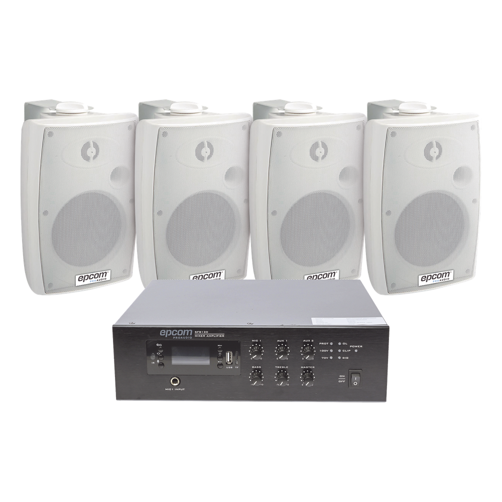 KIT de Amplificador de 120W para Escritorio | 4 Altavoces de Pared color Blanco 2.5W - 20W | Sistema 70/100V