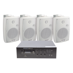 KIT de Amplificador de 120W para Escritorio | 4 Altavoces de Pared color Blanco 2.5W - 20W | Sistema 70/100V