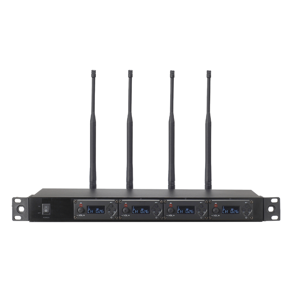 Receptor UHF para 4 micrófonos inalámbricos / Pantalla LCD de cristal liquido