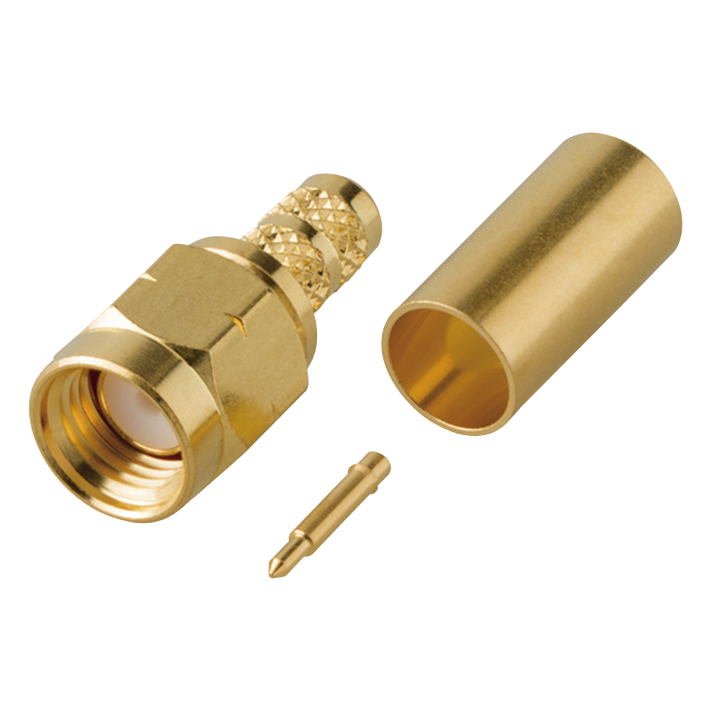 Conector SMA Macho de Rosca Izquierda, Anillo Plegable para Cable RG-58/U, Oro/ Oro/ Teflón.