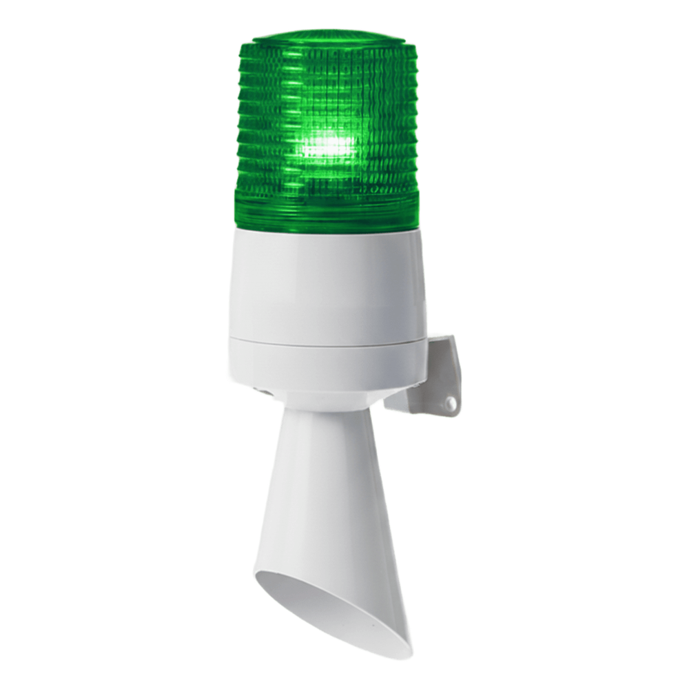 Luz LED con patrones de destello fijo y destellante con buzzer incorporado de alto volumen Máx. 95 dB color Verde 110 VCA