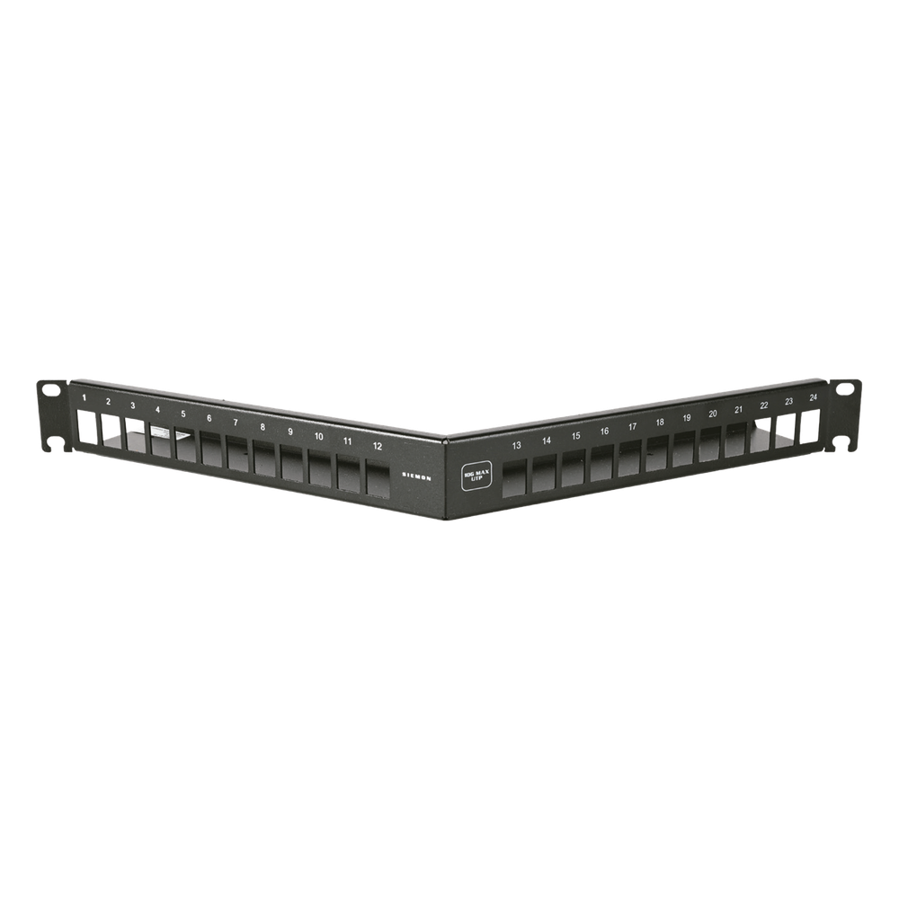 Patch Panel Angulado 10G MAX UTP / 24 Puertos Vacíos / 1U Rack 19" / Compatible Z-MAX® y UltraMAX™ / Color Negro / Administrador de Cable Integrado