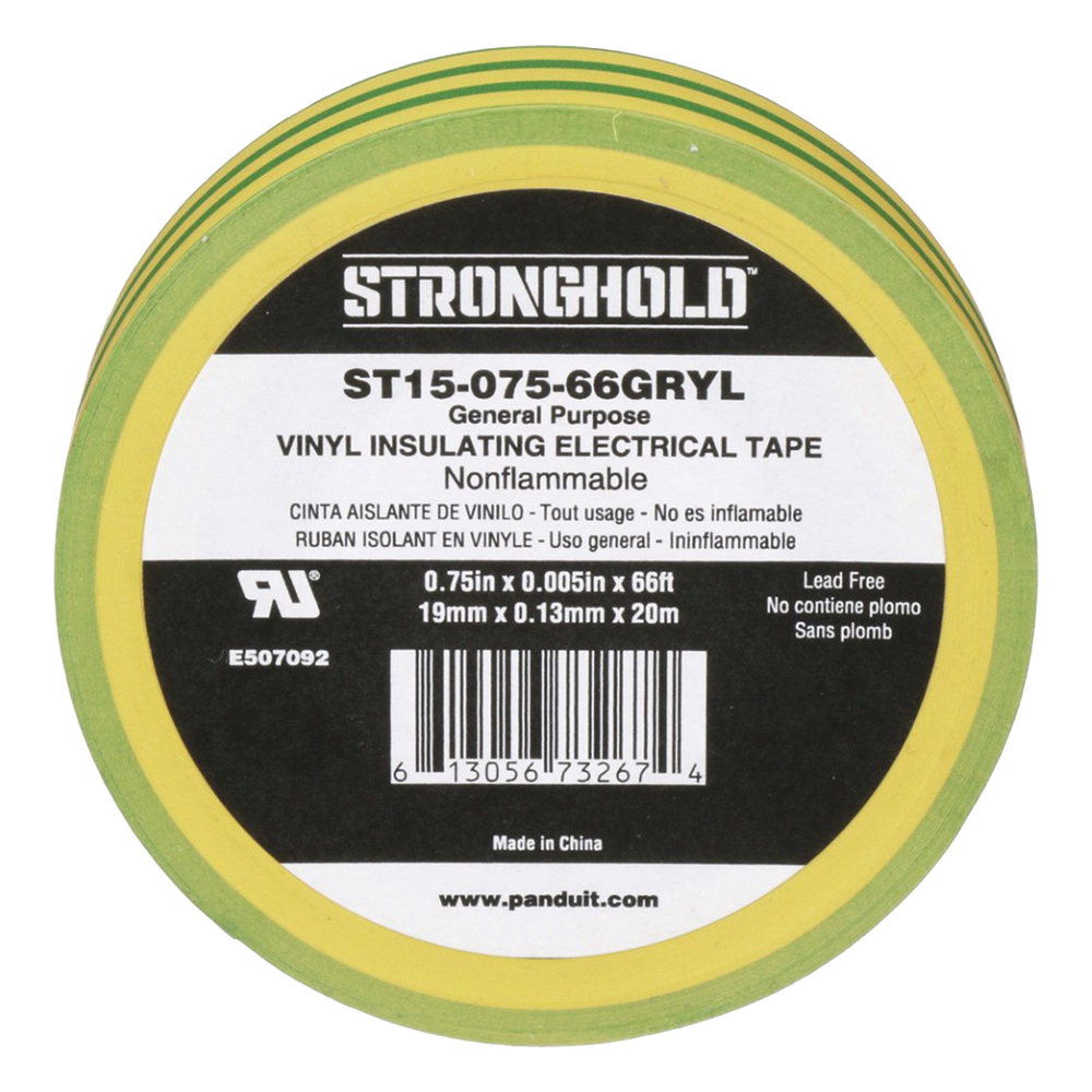 Cinta Eléctrica STRONGHOLD para Aislar, de PVC, Uso Construcción General en Tierras Físicas, Grosor de 0.13 mm (5 mil), Ancho de 19.05 mm, y 20.12 m de Largo, Color Amarillo/Verde.