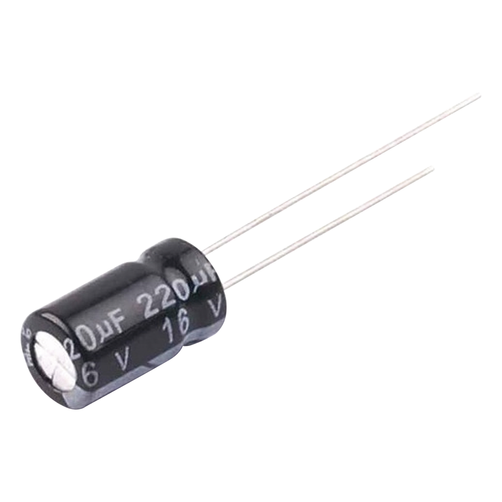 Capacitor Electrolítico en Aluminio, Radial de 220 µFd, 16 Vcc, 105 °C, 6.3 x 11 mm.