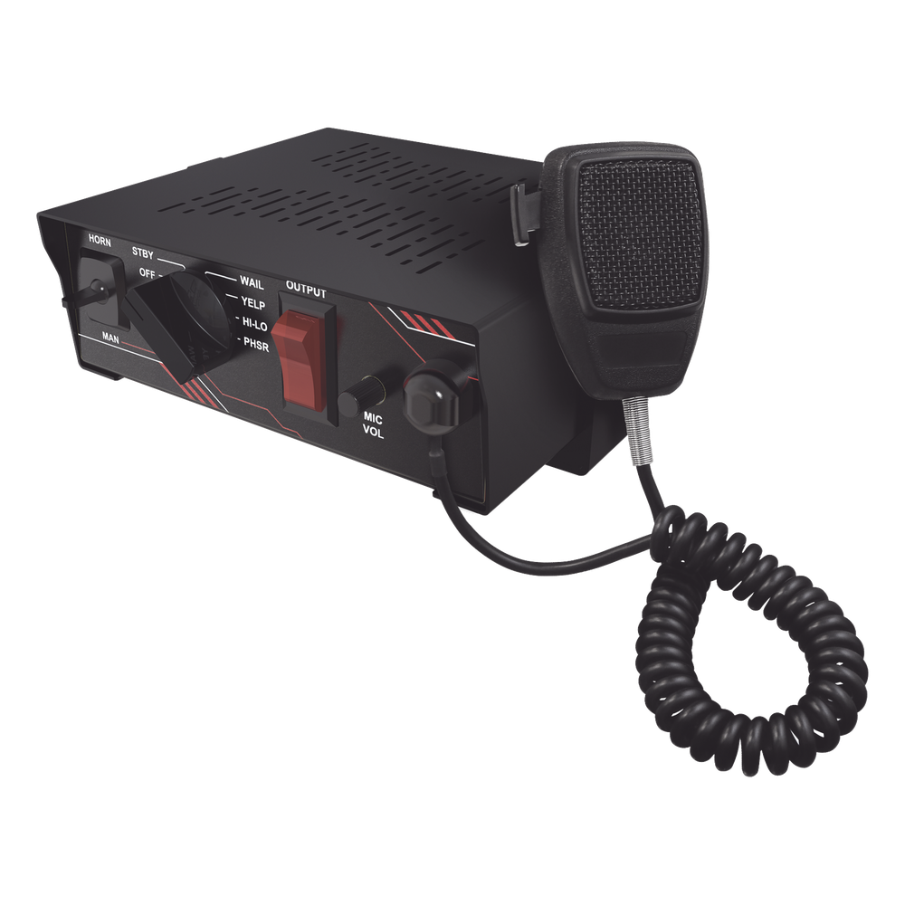 Sirena Vehicular de 100W de Potencia, Con Switch Giratorio de 6 posiciones y Micrófono Integrado de Uso Rudo