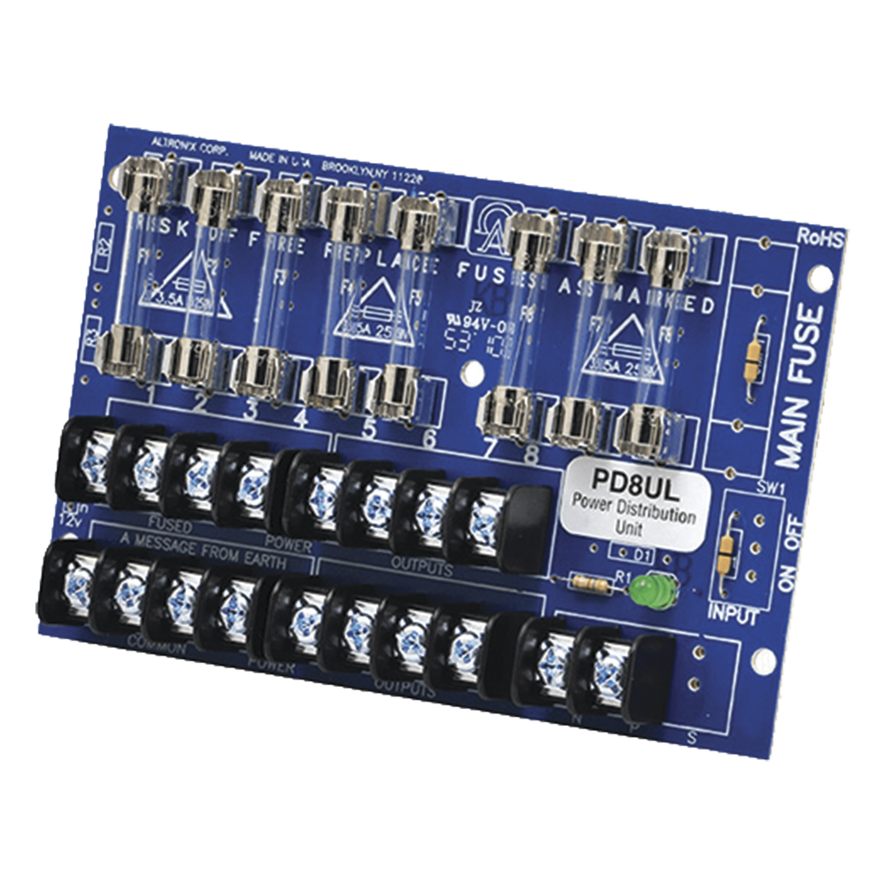 Tablero distribuidor de voltaje, 8 salidas con fusible de protección. Para uso con Fuentes de poder ALTRONIX.