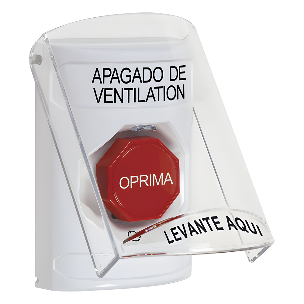 Botón de Apagado de Ventilación, Texto en Español, Tapa Protectora de Policarbonato Súper Resistente, Girar para restablecer