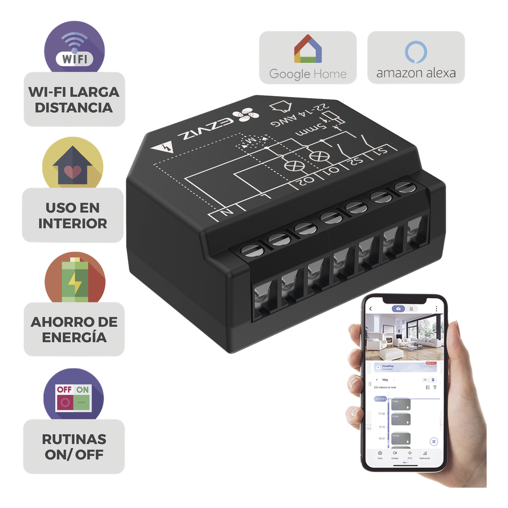 Relevador Wi-Fi  Inteligente / 2 Salidas Para 2 Apagadores / Ideal Para Control de Iluminación / Control Remoto / Horarios Personalizados / Registro de Consumo / 110-240VCA