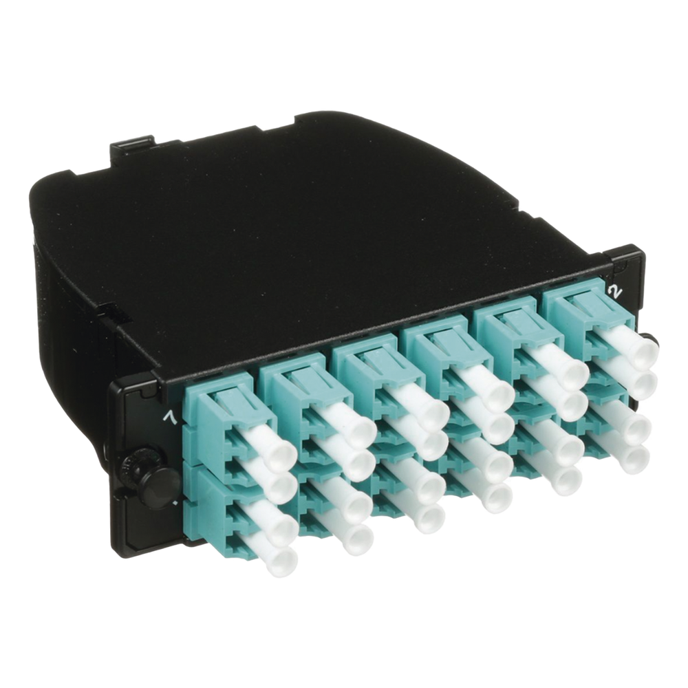 Casete OptiCom de Fibra Óptica Multimodo OM3, Con 2 Conectores MPO a 12 LC Duplex, Polaridad Método A, Pérdida de Inserción Estándar