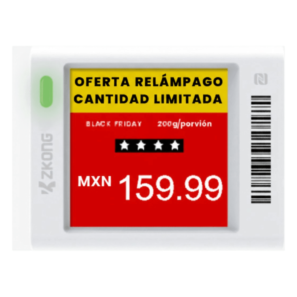 Etiqueta Electrónica de Estantería ESL 1.5" / Pantalla EPD Gráfica Matriz de Puntos 152x152 píxeles / 4 Colores (Negro Blanco Rojo Amarillo) / BLE 5.0 con Encriptación AES-128 / Autonomía 3 Años con 4