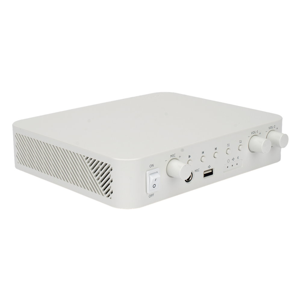 Amplificador | Bluetooth | 2 Canales con Control de volumen Independiente | 30 W por Canal | Salida 4-8 ohms x 2 | 100V COM x 2 | Una Zona | Música Ambiental
