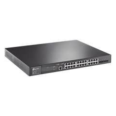Switch L2+ Omada PoE+ / 24 Puertos PoE+ 10/100/1000 Mbps / 4 Puertos SFP 1G / 2 Puertos Consola (RJ45 y microUSB) / Administración Centralizada Omada o Stand-Alone / Multicast IGMP / Calidad de Servicio / Presupuesto PoE 384W / Montaje en Rack