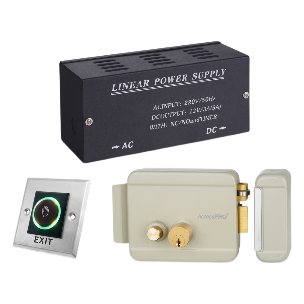 Kit Control de Acceso / Fuente Alimentación 36W 13.2VCD / Cerradura Eléctrica Derecha / Botón IR 5-15 cm / Acero Inoxidable / Indicadores LED / Relevador NO-NC-COM