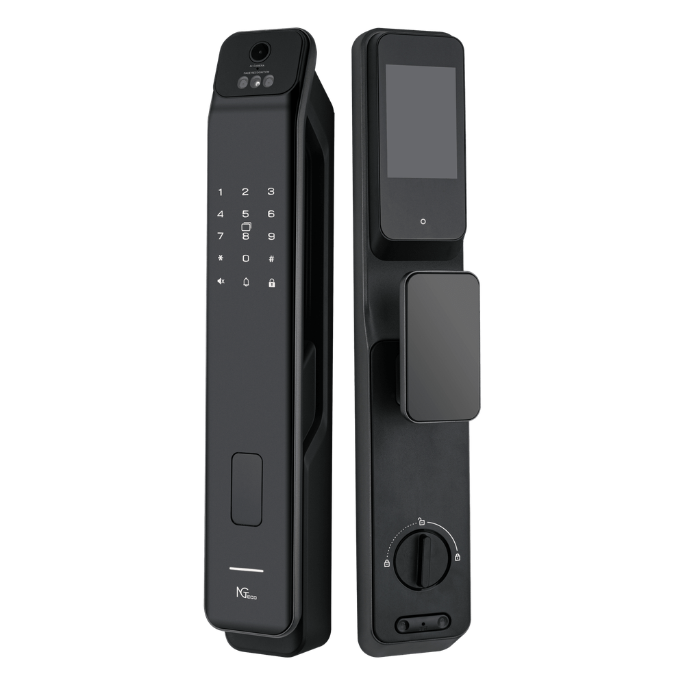 Cerradura Inteligente / Reconocimiento de Venas de la Palma / Reconocimiento Facial / Huella Dactilar / Video Intercom Bidireccional / Wi-Fi 2.4 GHz / App NGTeco Home / Auto Apertura y Cierre / Timbre Integrado / Aluminio / Puerta 45-60 mm (1.77-2.36 in)